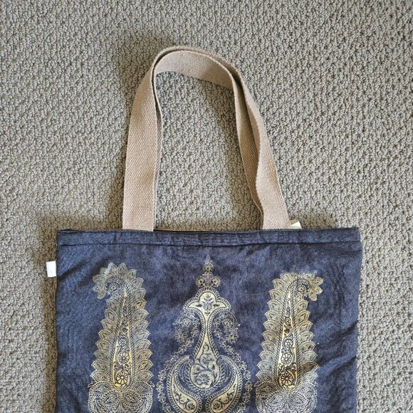 Brand New Indian Denim Jute Bag with gold Pattern, Made in India - Picture 2 of 8
